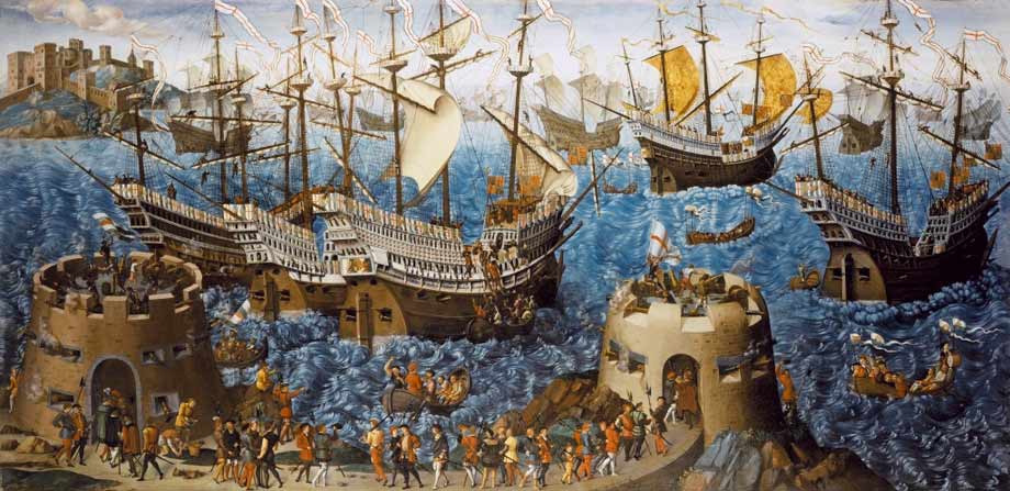 James Basire's print of a 16th century painting of Henry VIII's embarkation at Dover, 1520. Painting is in the Royal Collection