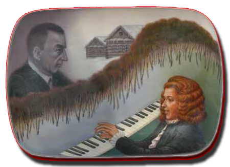 Russian lacquered  box, traditionaly painted by Dimitri Titov, Palek (the legender icon village, 350 kms from Moscow), homage of Monsegur Vaillant, interpreter of Rachmaninov at Ivanoka , to the Dissonance s composer, Sergei Rachmaninov