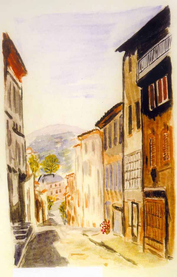 La Bastide de Serou, rue de l'Arize Ariege - Watercolour by Monsegur Vaillant - Private Collection