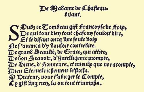 Epitaphe de Françoise de Foix par Clément Marot, 1538.